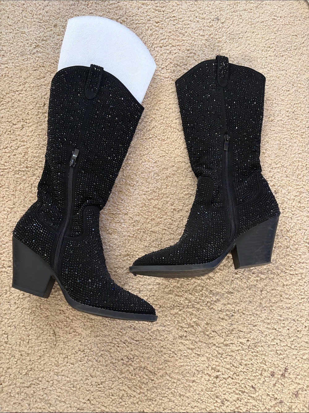 Forever Black Sparkle Mid-Calf Heeled Western Boots